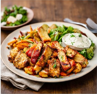 Hähnchen-Gyros mit Ofenkartoffeln, Gurkensalat und Tsatsiki