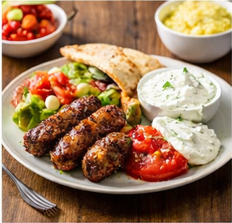 Köfte mit Tomaten-Zwiebel-Salat, Tzatziki und Fladenbrot