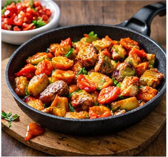 Svens Gemüse-Kartoffel-Pfanne mit Ajvar-Teriyaki-Soße & Cabanossi