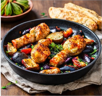 Ofengemüse mit Hähnchenschenkeln und lila Süßkartoffeln