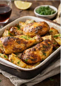 Ofen-Hähnchenschenkel mit Kartoffeln & Zwiebeln – Sven-Style