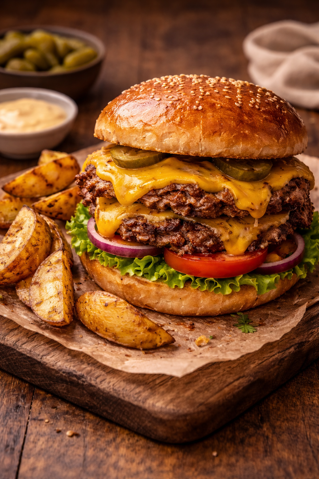 Smashed Burger mit Ofenkartoffeln und Sour-Cream-Dip